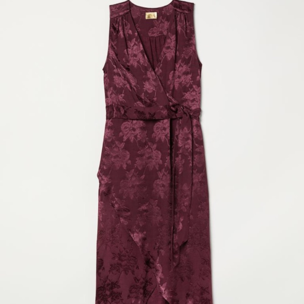 H&M Burgundy faux wrap jacquard midi dress